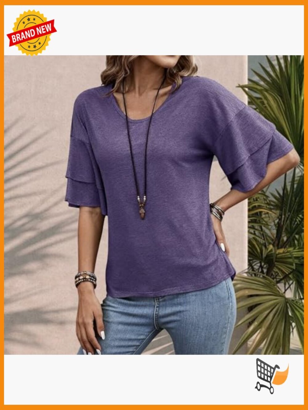 Ruffled 3/4 Bell Sleeve Crew Neck Tunic Top Loose Fit T-Shirt Blouse - Picture 6 of 7
